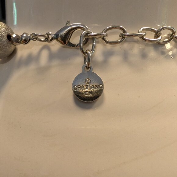 ,RJ Graziano Signed Silver-Tone Rough Finish Beads Necklace w/1 Rhinestone Bead - Picture 3 of 5